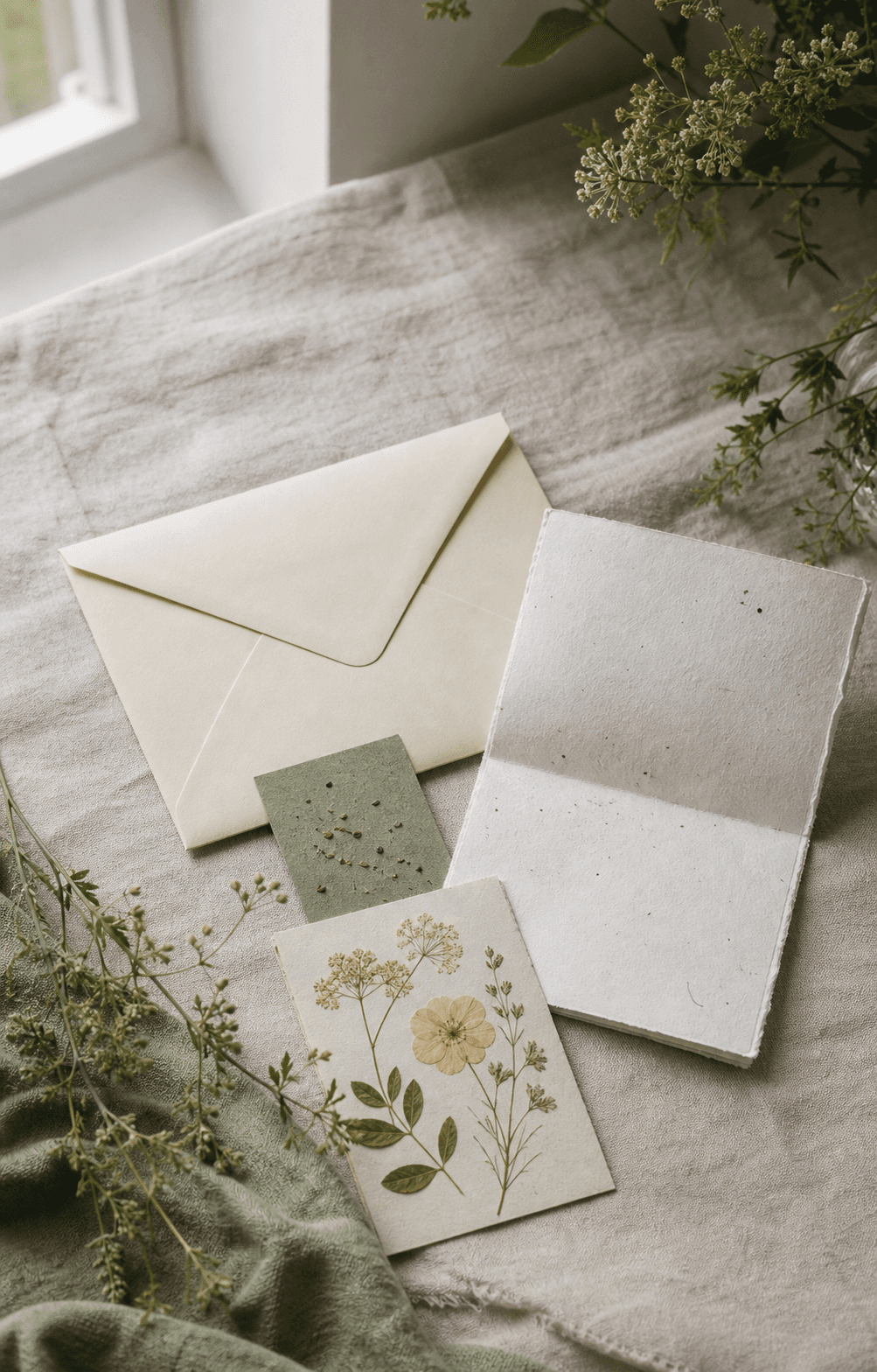A cream envelope, folded letter, seed card, and pressed flower print on linen.